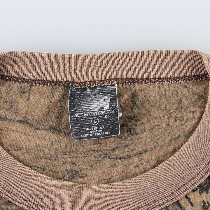 ~90'S ACE SPORTSWEAR Camouflage Pattern Real Tree Camo Pocket T-Shirt, Made in USA, Men's Size L (Equivalent), Vintage polyester Khaki type brown Vintage Second Hand