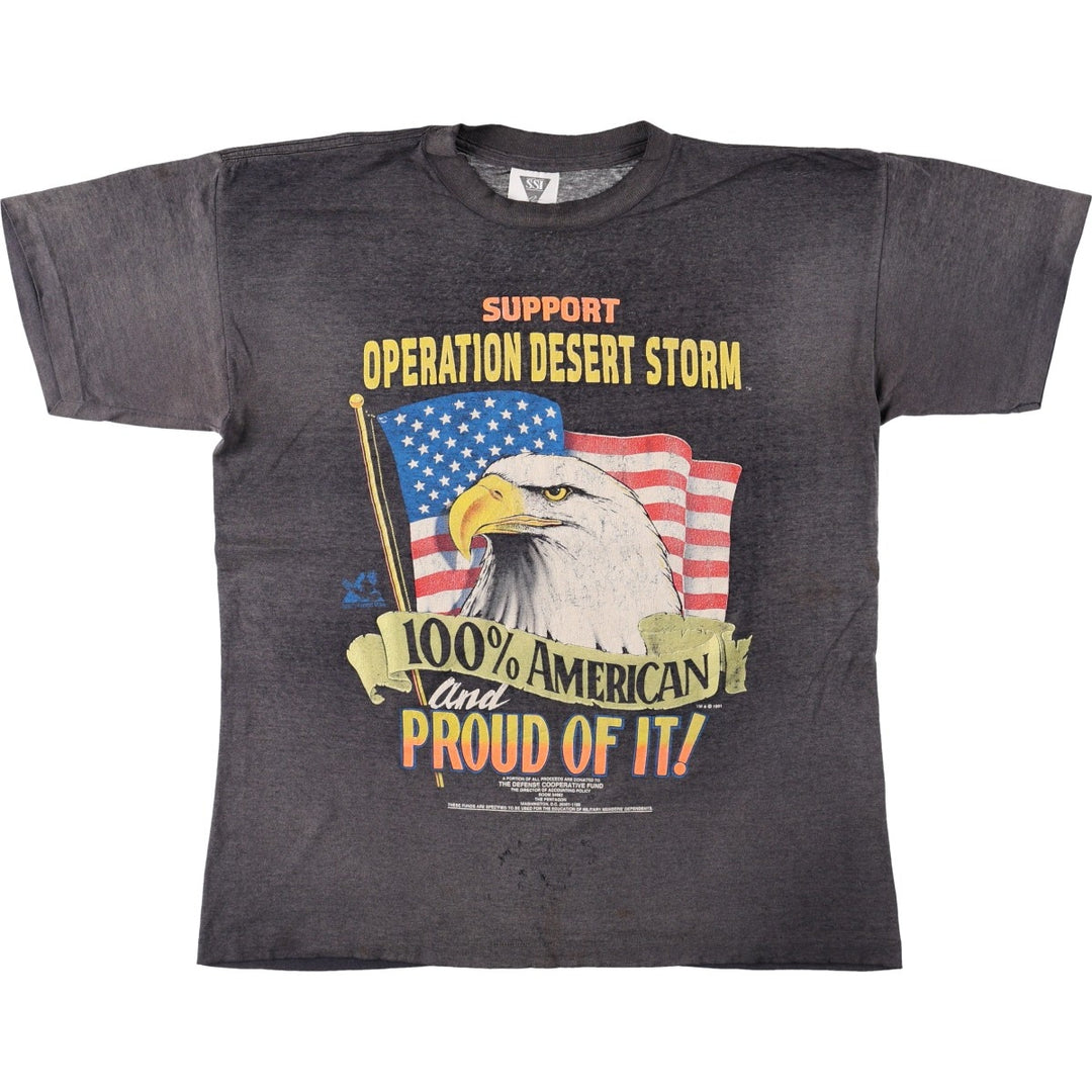 90'S SSI Eagle Pattern Stars and Stripes Message Print T-Shirt, Men's Size L (approx.), Vintage cotton Charcoal Vintage Second Hand