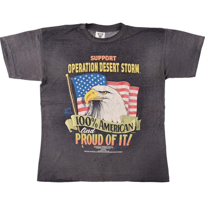 90'S SSI Eagle Pattern Stars and Stripes Message Print T-Shirt, Men's Size L (approx.), Vintage cotton Charcoal Vintage Second Hand