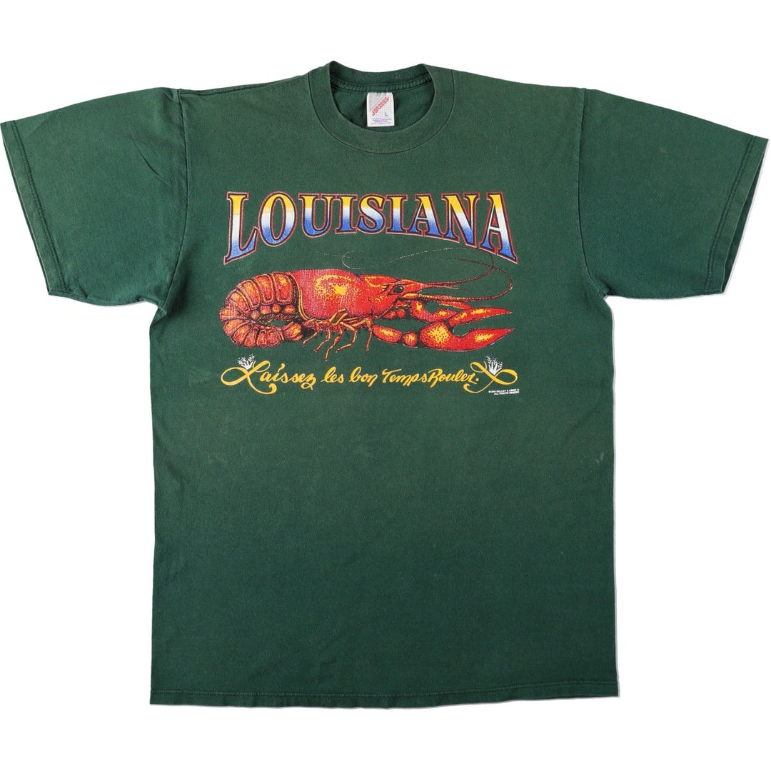 80s-90'S Jerzees Crayfish Pattern Print T-Shirt, Made in USA, Men's Size L (approx.), Vintage cotton Green type dark green Vintage Second Hand