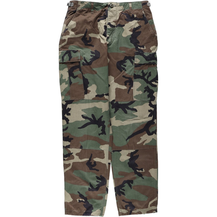 1990'S US Military Issue Camouflage Pattern Woodland Camo Ripstop Military Cargo Pants Combat Pants Made in USA MEDIUM-LONG Nylon Khaki type Vintage Second Hand