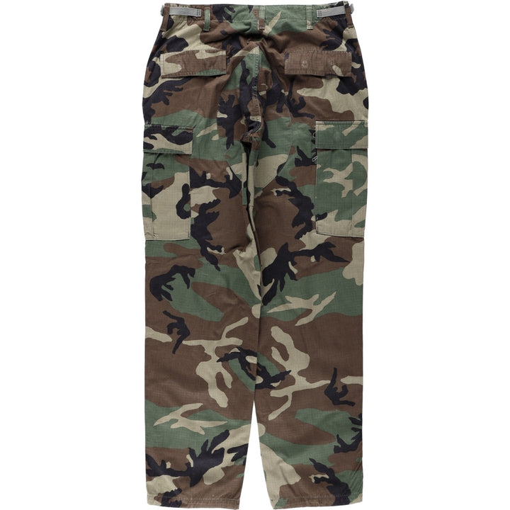 1990'S US Military Issue Camouflage Pattern Woodland Camo Ripstop Military Cargo Pants Combat Pants Made in USA MEDIUM-LONG Nylon Khaki type Vintage Second Hand
