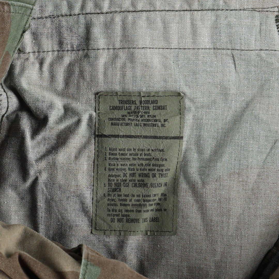 1980'S US Military Issue Woodland Camo Military Cargo Pants Combat Pants Made in USA MEDIUM-REGULAR Men's W35 equivalent cotton Khaki type Vintage Second Hand