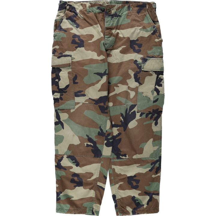 00'S US Military Genuine Camouflage Pattern Woodland Camo Ripstop Military Cargo Pants Combat Pants Made in USA LARGE-SHORT Nylon Khaki type Vintage Second Hand