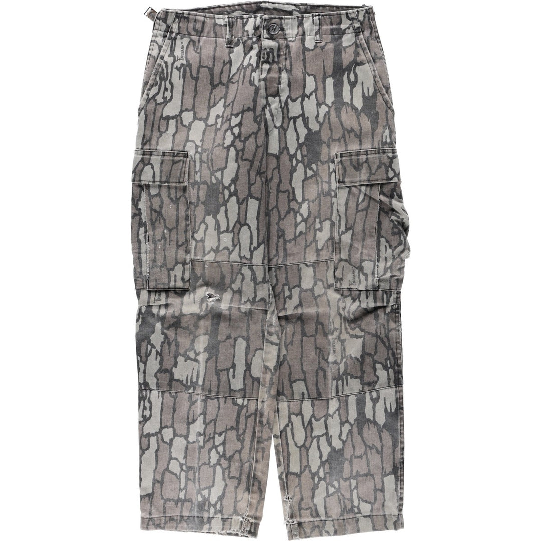 Civilian-made camouflage pattern (Treebark camo), double-knee military cargo pants, made in the USA, men's size W31 equivalent. polyester gray type Vintage Second Hand