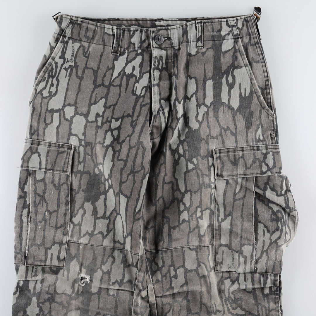 Civilian-made camouflage pattern (Treebark camo), double-knee military cargo pants, made in the USA, men's size W31 equivalent. polyester gray type Vintage Second Hand