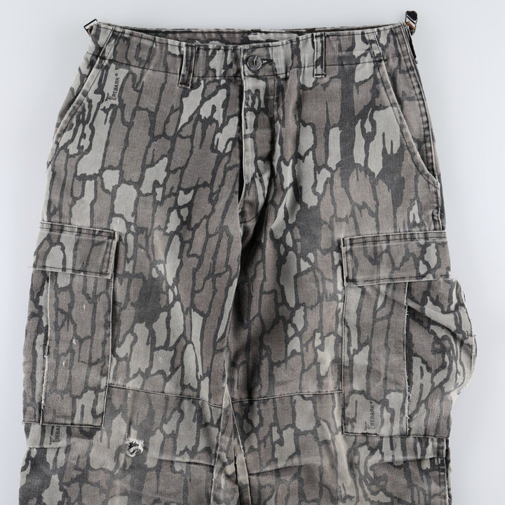 Civilian-made camouflage pattern (Treebark camo), double-knee military cargo pants, made in the USA, men's size W31 equivalent. polyester gray type Vintage Second Hand