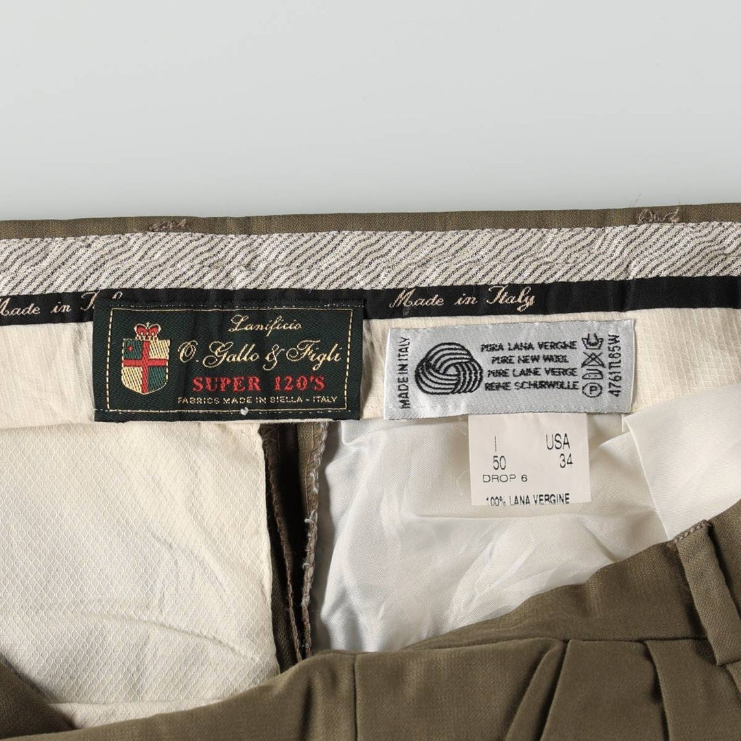 Lanificio O. Gallo & Figli Super 120's Three-Pleat Wool Trousers, Italian Made, Men's Size W34 (approx.), Vintage wool Khaki type brown Vintage Second Hand
