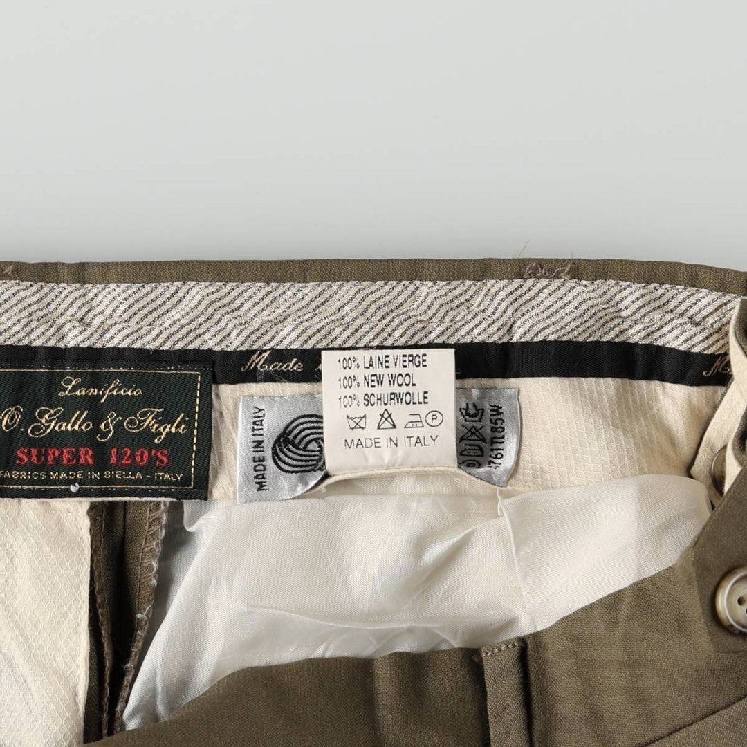Lanificio O. Gallo & Figli Super 120's Three-Pleat Wool Trousers, Italian Made, Men's Size W34 (approx.), Vintage wool Khaki type brown Vintage Second Hand