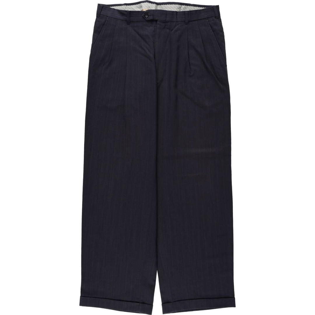 ~90'S Stripe Pattern Two-pleat Slacks Pants Men's W34 Vintage unclear navy blue type Vintage Second Hand
