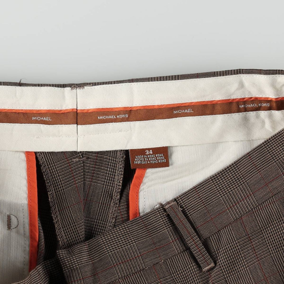 Michael Kors check pattern slacks pants for men, size W35 (approx.) polyester dark chocolate Vintage Second Hand