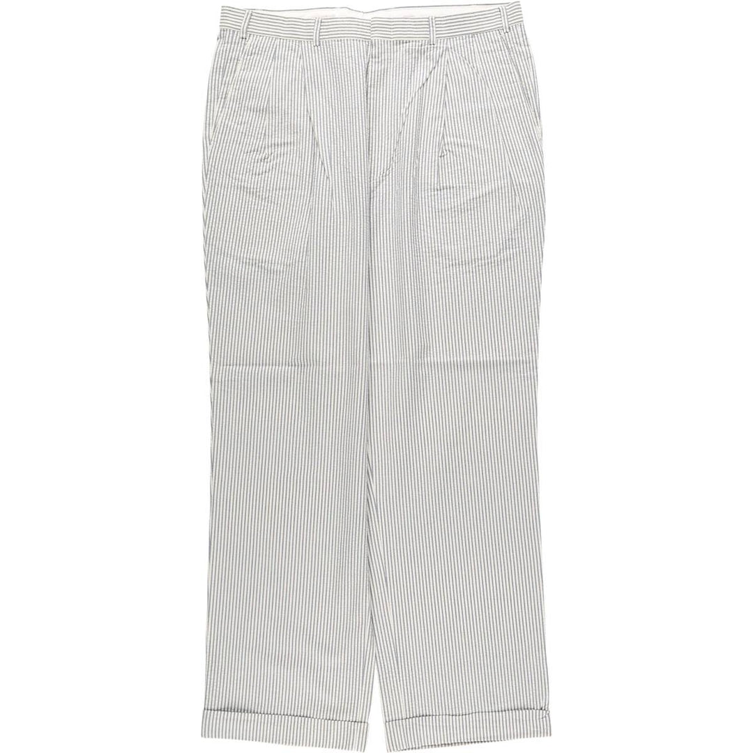 Brooks Brothers Stripe Pattern Two-Pleat Seersucker Cotton Slacks Pants, Men's Size W36 (approx.) cotton navy blue type Vintage Second Hand