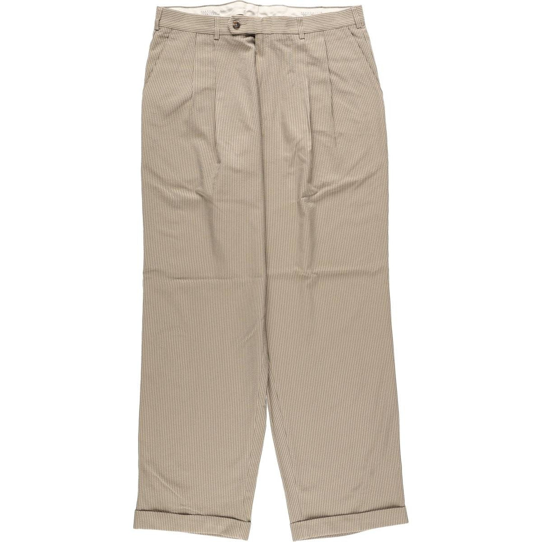 Perry Ellis PORTFOLIO Stripe Pattern Seersucker Two-Pleat Slacks Pants Men's W34 (approx.) polyester Beige type Vintage Second Hand