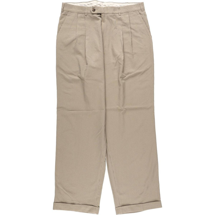 Perry Ellis PORTFOLIO Stripe Pattern Seersucker Two-Pleat Slacks Pants Men's W34 (approx.) polyester Beige type Vintage Second Hand