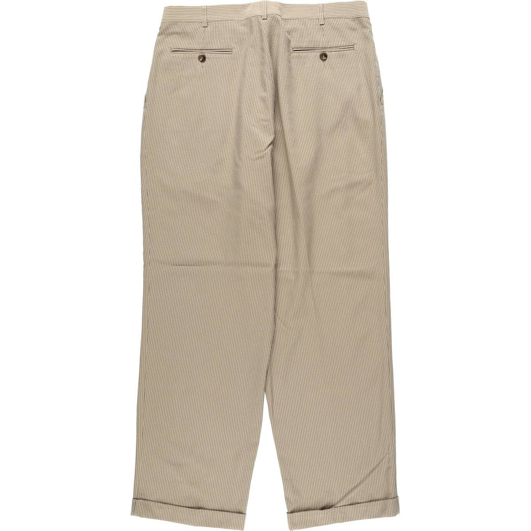Perry Ellis PORTFOLIO Stripe Pattern Seersucker Two-Pleat Slacks Pants Men's W34 (approx.) polyester Beige type Vintage Second Hand