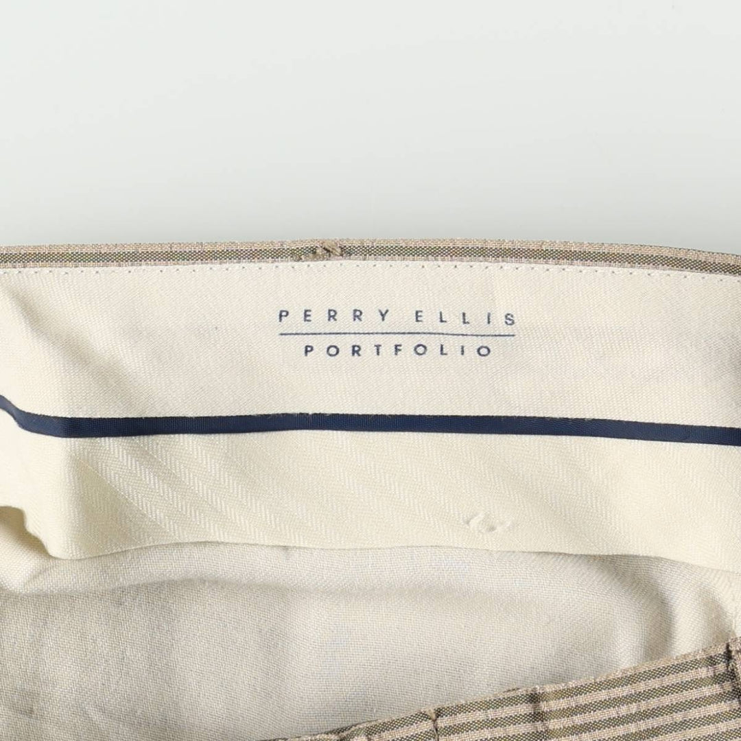 Perry Ellis PORTFOLIO Stripe Pattern Seersucker Two-Pleat Slacks Pants Men's W34 (approx.) polyester Beige type Vintage Second Hand