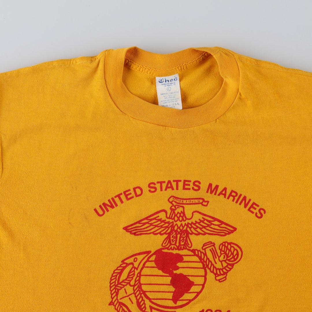 70'S Anvil Ched Eagle Print USMC (United States Marine Corps) Advertising Military Print T-Shirt, Made in USA, Men's Size L (approx.) polyester yellow type Vintage Second Hand