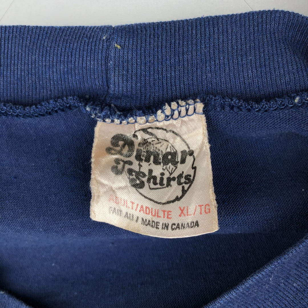 80'S Dinar T-Shirts WORLD GYM Advertising T-Shirt, Made in Canada, Men's XL equivalent, Vintage polyester navy blue type Vintage Second Hand