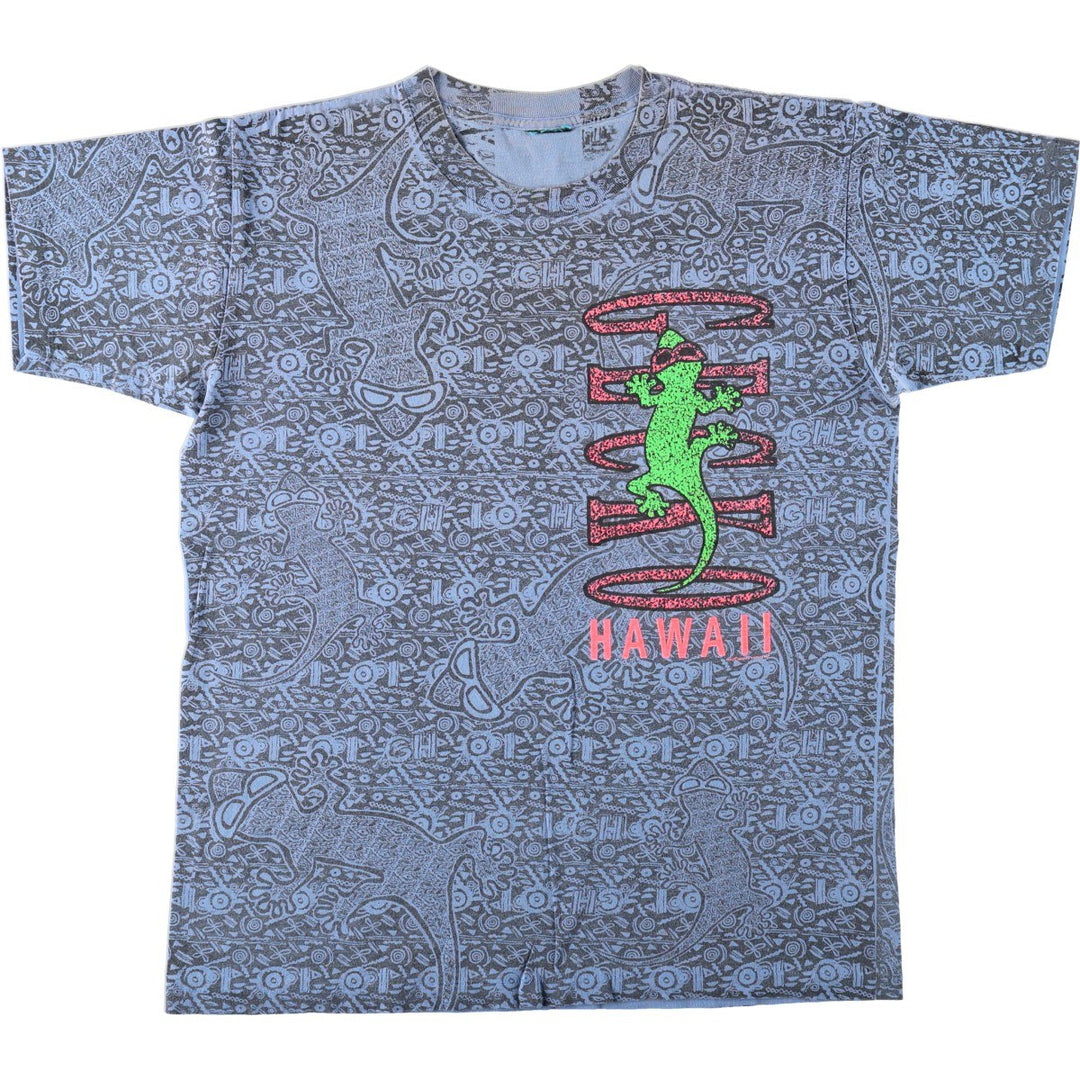 90'S GECKO HAWAII all-over animal pattern surf skate t-shirt, men's size XL equivalent, vintage. unclear Blue type light blue Vintage Second Hand