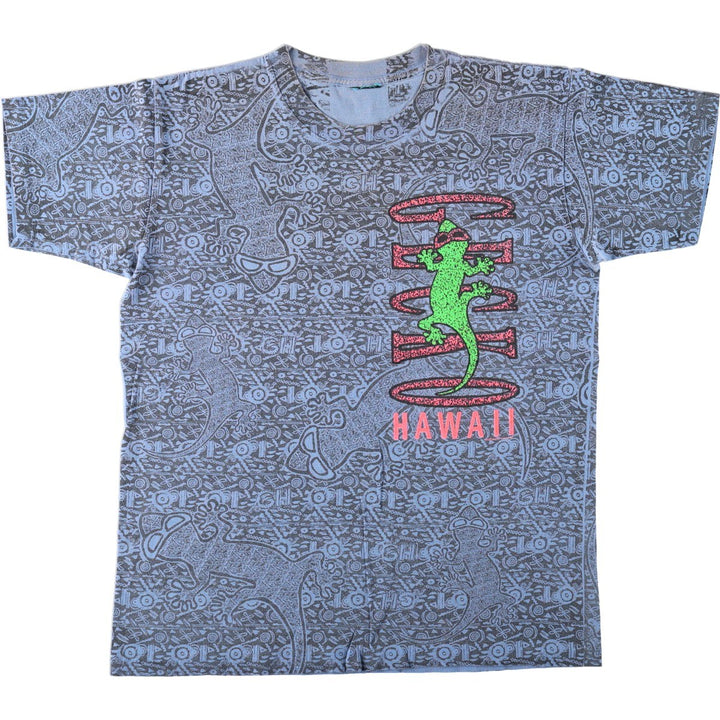90'S GECKO HAWAII all-over animal pattern surf skate t-shirt, men's size XL equivalent, vintage. unclear Blue type light blue Vintage Second Hand