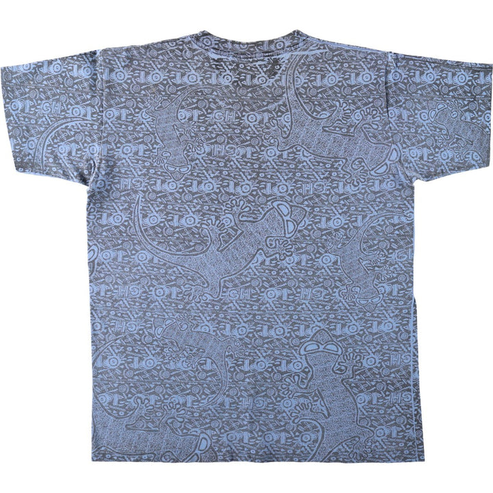 90'S GECKO HAWAII all-over animal pattern surf skate t-shirt, men's size XL equivalent, vintage. unclear Blue type light blue Vintage Second Hand