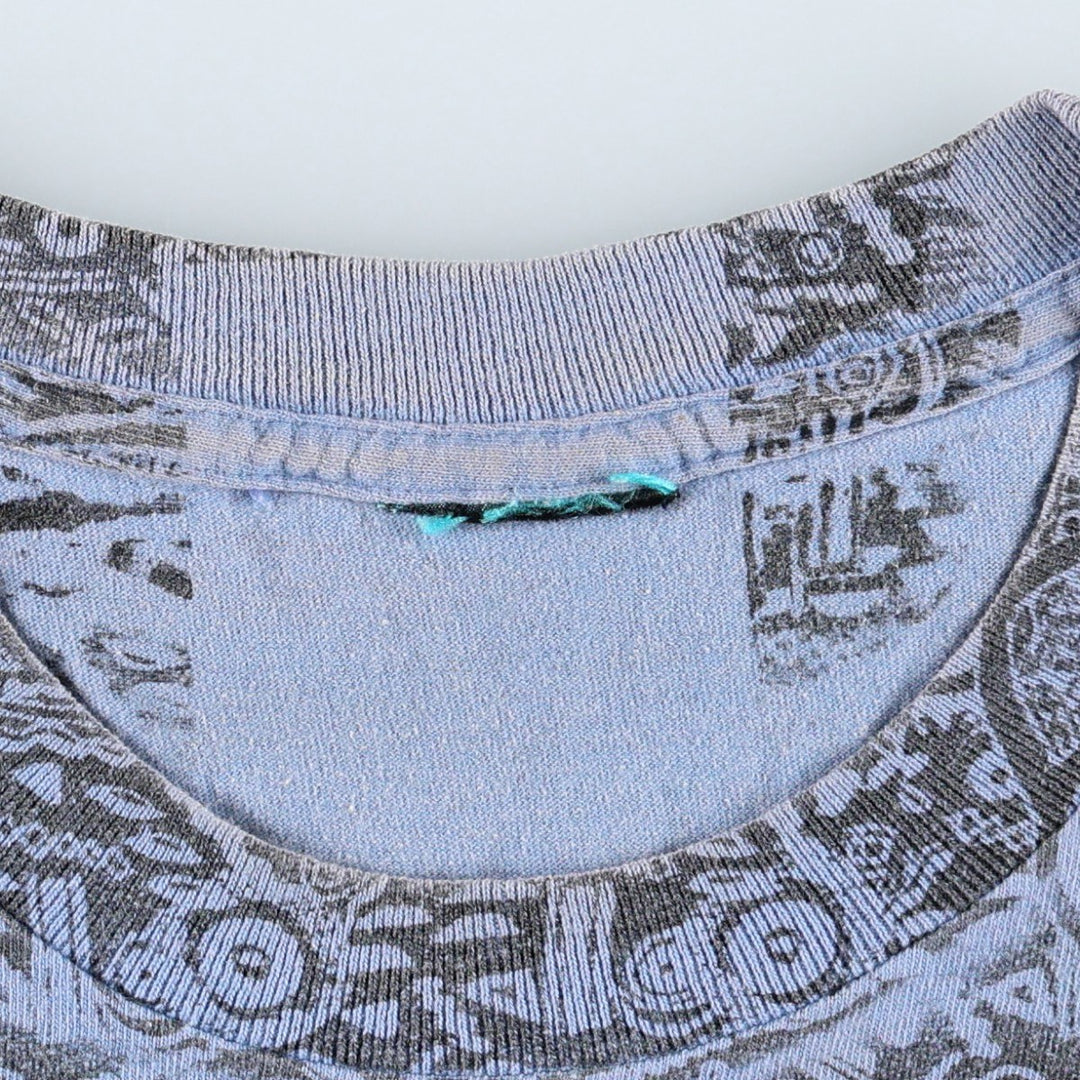 90'S GECKO HAWAII all-over animal pattern surf skate t-shirt, men's size XL equivalent, vintage. unclear Blue type light blue Vintage Second Hand
