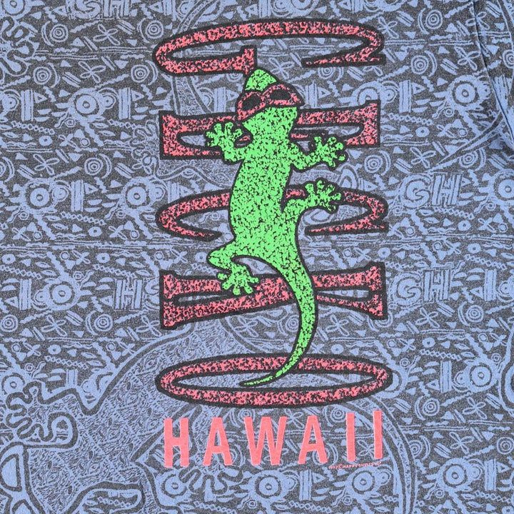 90'S GECKO HAWAII all-over animal pattern surf skate t-shirt, men's size XL equivalent, vintage. unclear Blue type light blue Vintage Second Hand