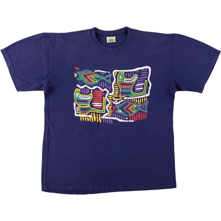 SHIN Printed T-Shirt, Men's XL (approx.) cotton navy blue type Vintage Second Hand