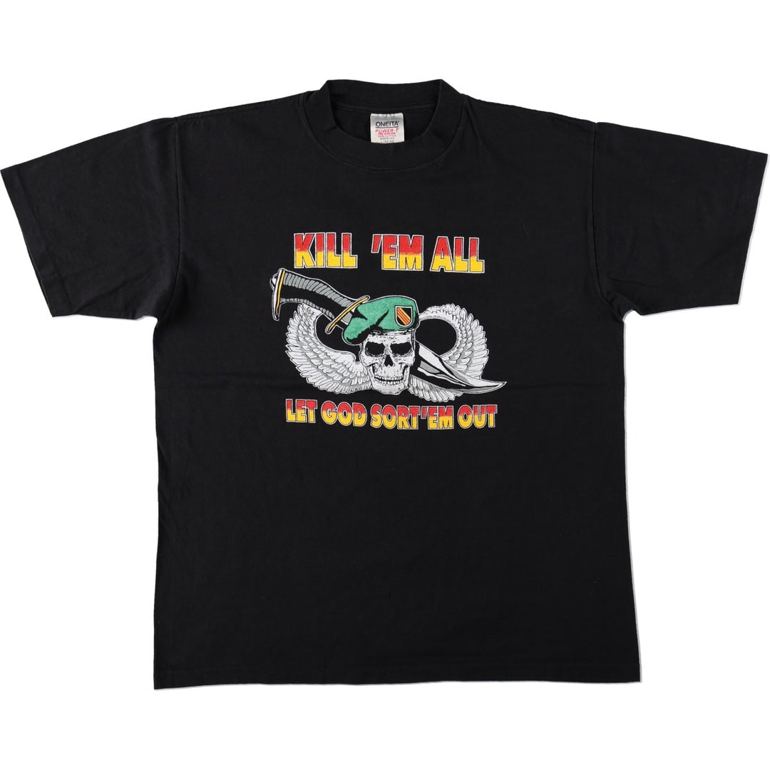 90'S ONEITA POWER-T Skull Pattern Print T-Shirt, Made in USA, Men's Size L (Equivalent), Vintage cotton black type Vintage Second Hand