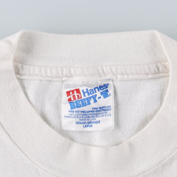 90'S Hanes BEEFY-T Printed T-shirt, Made in USA, Men's L size, Vintage cotton white type Vintage Second Hand