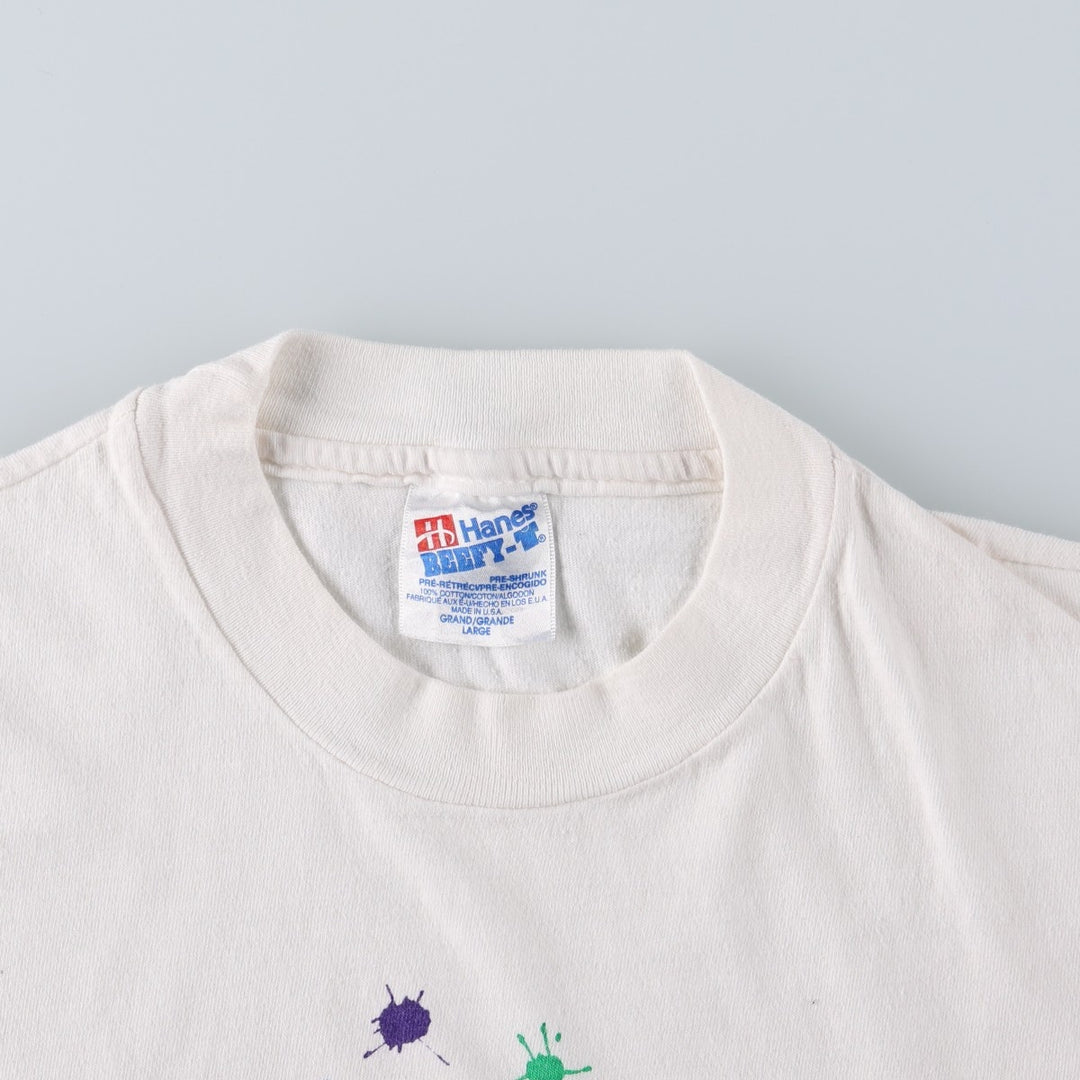 90'S Hanes BEEFY-T Printed T-shirt, Made in USA, Men's L size, Vintage cotton white type Vintage Second Hand