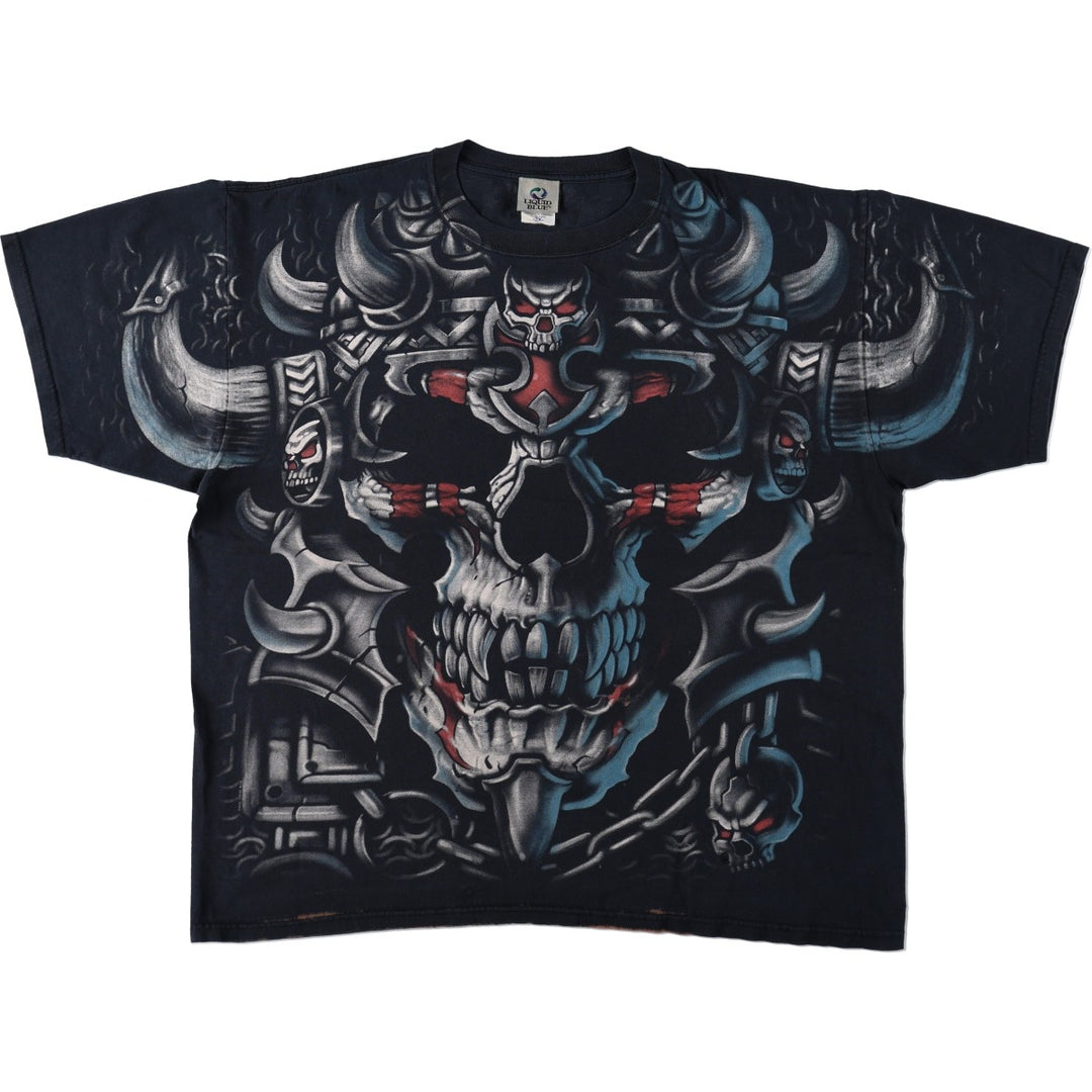 90'S Liquid Blue Skull Pattern Large Print T-Shirt, Men's XXL Equivalent, Vintage cotton black type Vintage Second Hand