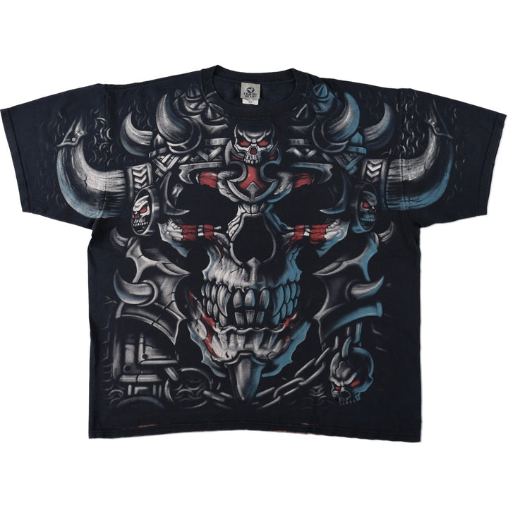 90'S Liquid Blue Skull Pattern Large Print T-Shirt, Men's XXL Equivalent, Vintage cotton black type Vintage Second Hand