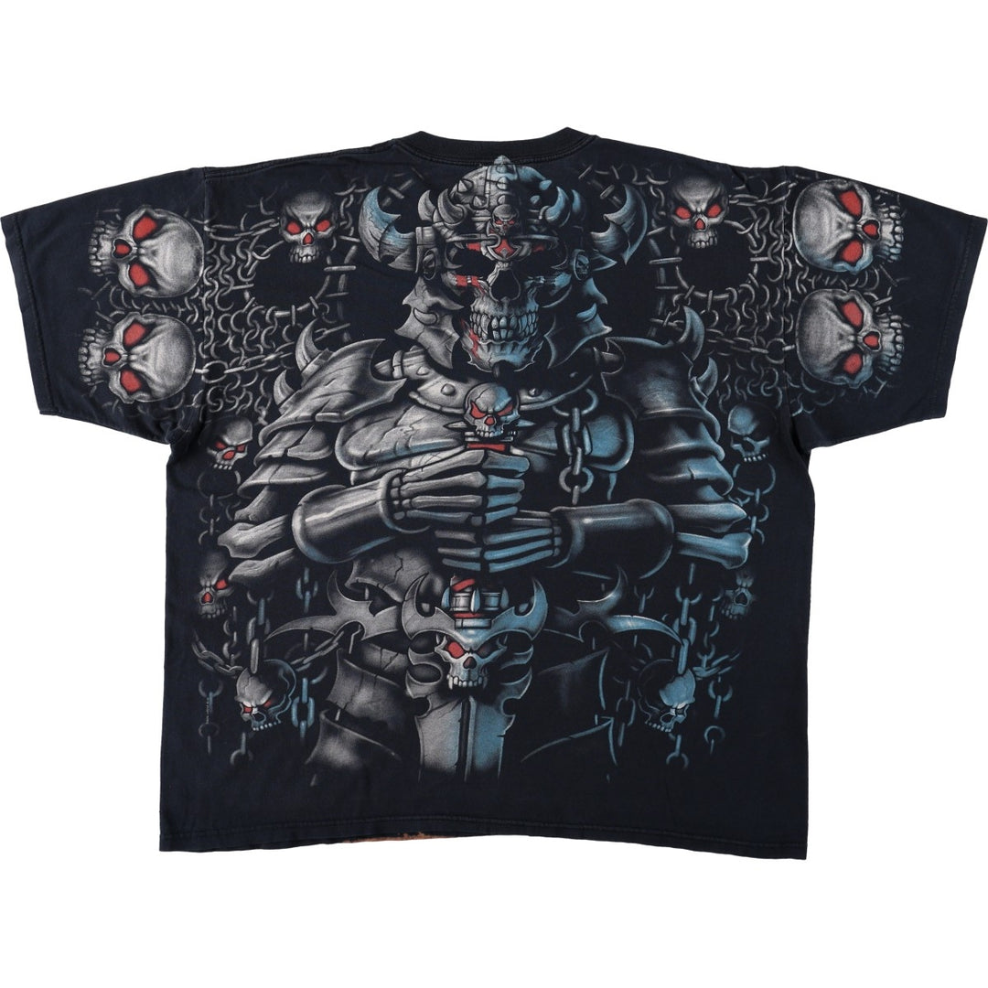 90'S Liquid Blue Skull Pattern Large Print T-Shirt, Men's XXL Equivalent, Vintage cotton black type Vintage Second Hand