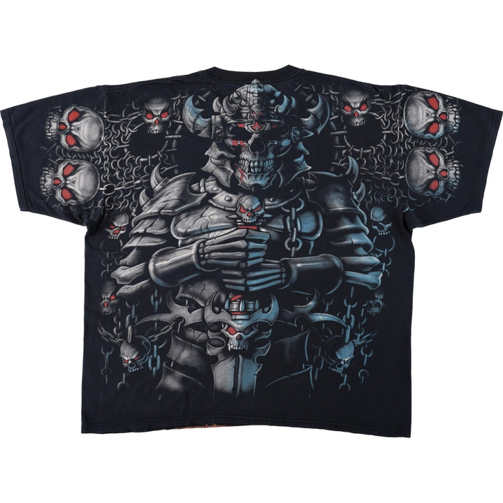 90'S Liquid Blue Skull Pattern Large Print T-Shirt, Men's XXL Equivalent, Vintage cotton black type Vintage Second Hand