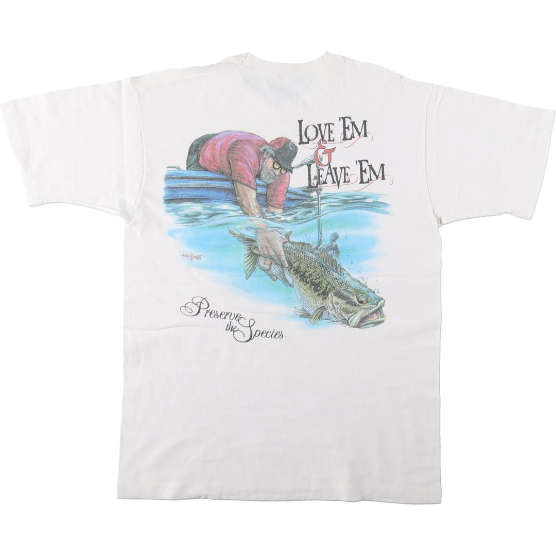 90'S Fruit of the Loom fish print t-shirt, men's size L equivalent, vintage. cotton white type Vintage Second Hand