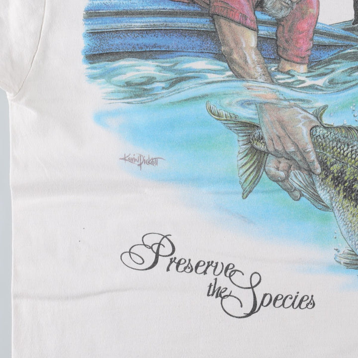 90'S Fruit of the Loom fish print t-shirt, men's size L equivalent, vintage. cotton white type Vintage Second Hand