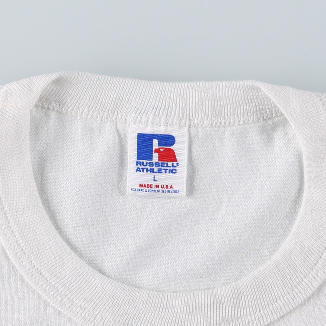 90'S Russell Advertising T-Shirt, Made in USA, Men's Size L (Equivalent), Vintage polyester white type Vintage Second Hand
