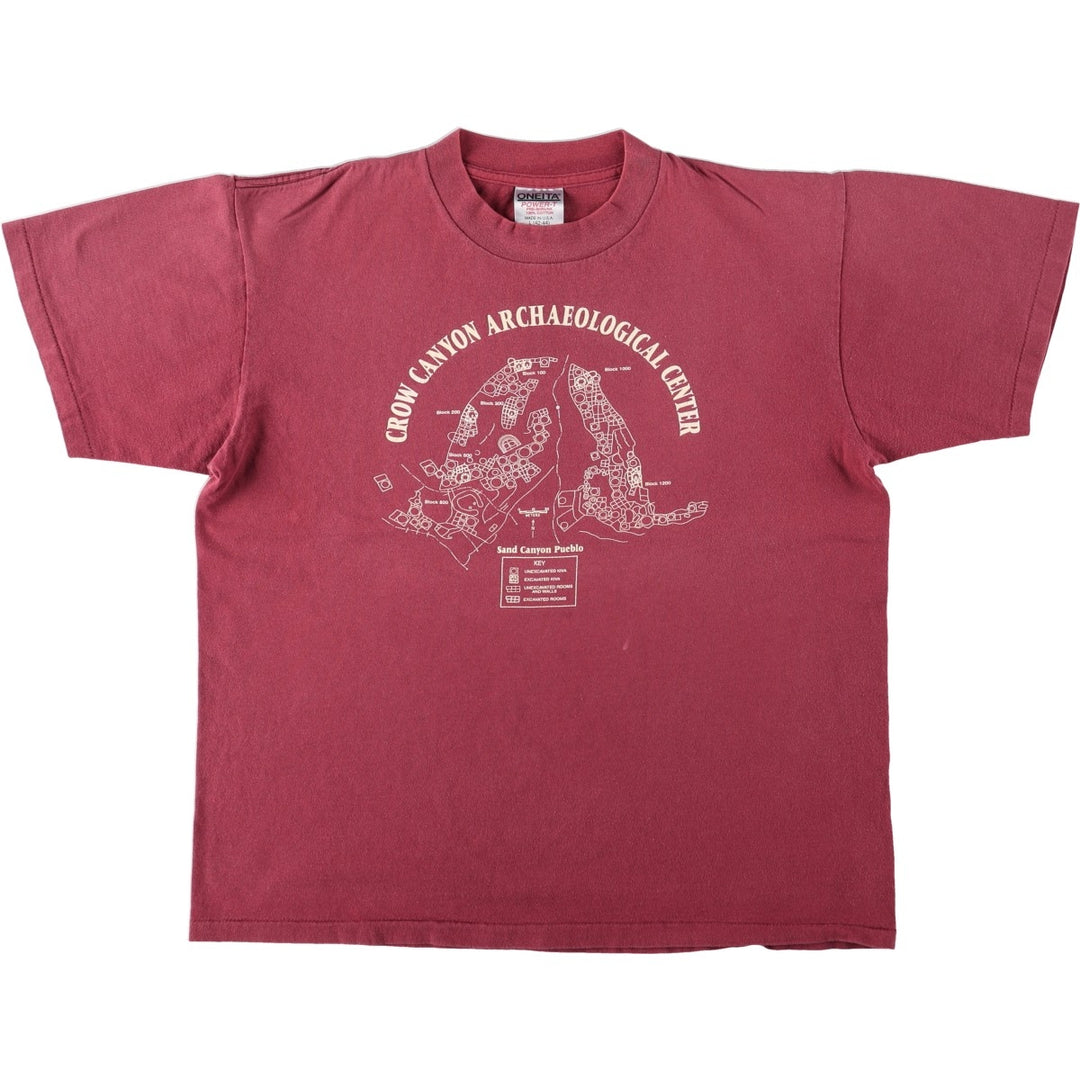 ~90'S ONEITA CROW CANYON ARCHAEOLOGICAL CENTER Print T-Shirt, Made in USA, Men's Size L (Equivalent), Vintage cotton burgundy type Vintage Second Hand
