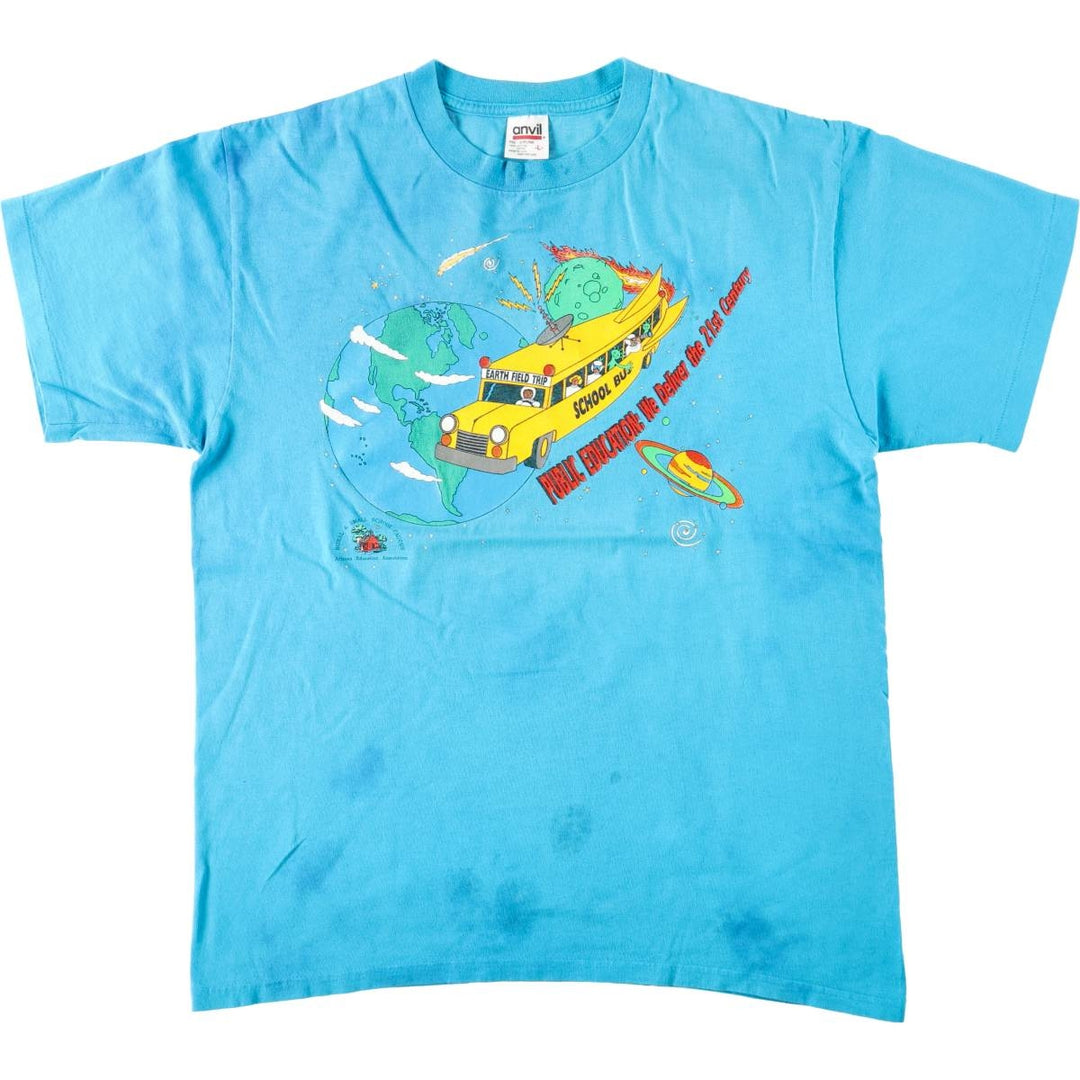 90'S Anvil Printed T-shirt, Made in USA, Men's L size, Vintage cotton Blue type light blue Vintage Second Hand