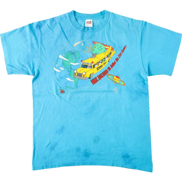 90'S Anvil Printed T-shirt, Made in USA, Men's L size, Vintage cotton Blue type light blue Vintage Second Hand