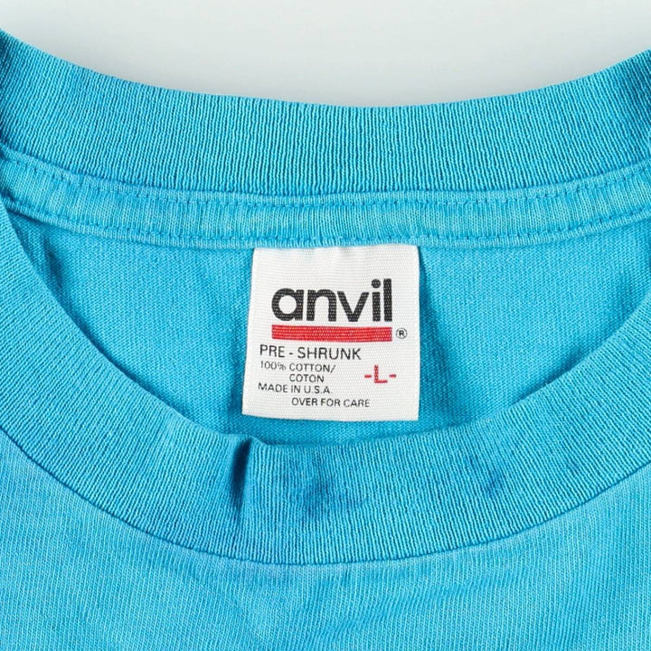 90'S Anvil Printed T-shirt, Made in USA, Men's L size, Vintage cotton Blue type light blue Vintage Second Hand