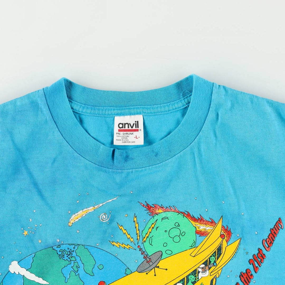 90'S Anvil Printed T-shirt, Made in USA, Men's L size, Vintage cotton Blue type light blue Vintage Second Hand