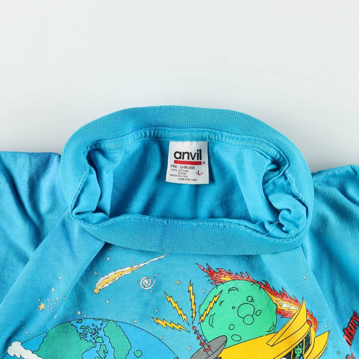 90'S Anvil Printed T-shirt, Made in USA, Men's L size, Vintage cotton Blue type light blue Vintage Second Hand