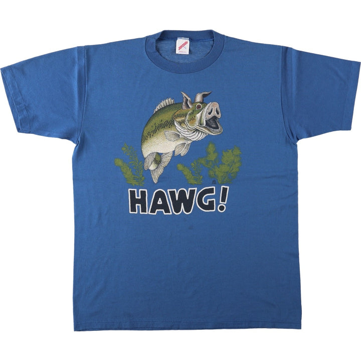 80'S Jerzees fish print t-shirt, made in USA, men's size XL equivalent, vintage. cotton blue type Vintage Second Hand