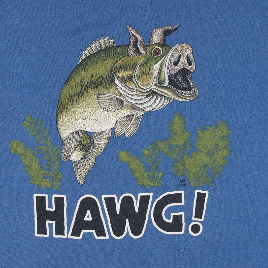 80'S Jerzees fish print t-shirt, made in USA, men's size XL equivalent, vintage. cotton blue type Vintage Second Hand
