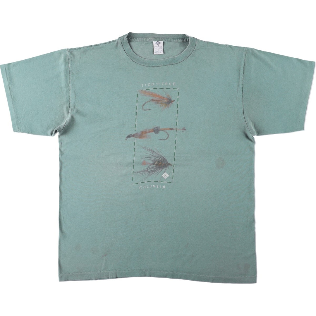 90'S Columbia Short-Sleeve Printed T-Shirt, Made in USA, Men's Size XL (Equivalent), Vintage cotton Khaki type sage green Vintage Second Hand