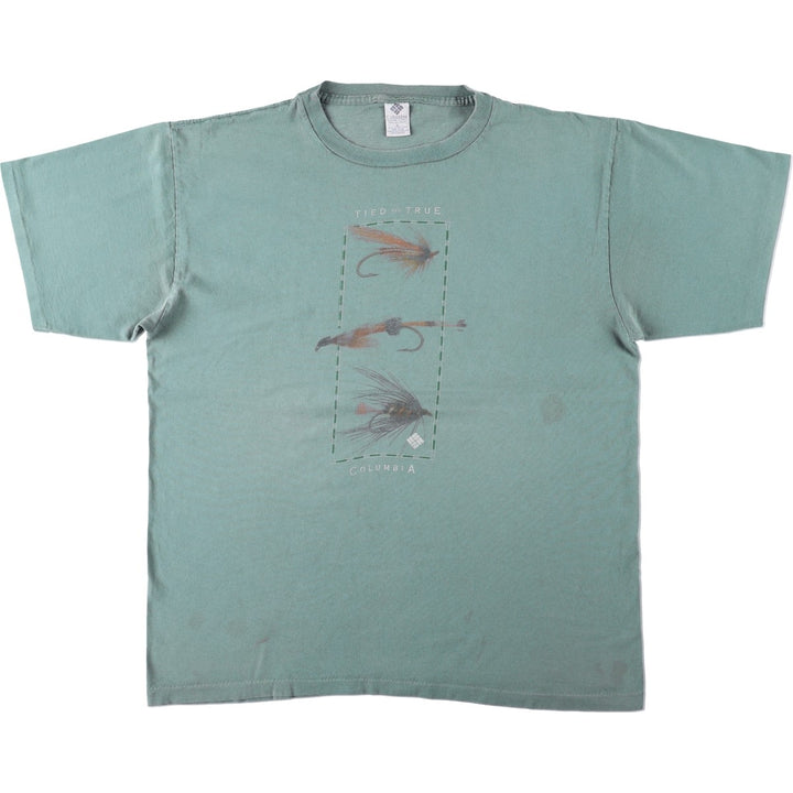 90'S Columbia Short-Sleeve Printed T-Shirt, Made in USA, Men's Size XL (Equivalent), Vintage cotton Khaki type sage green Vintage Second Hand