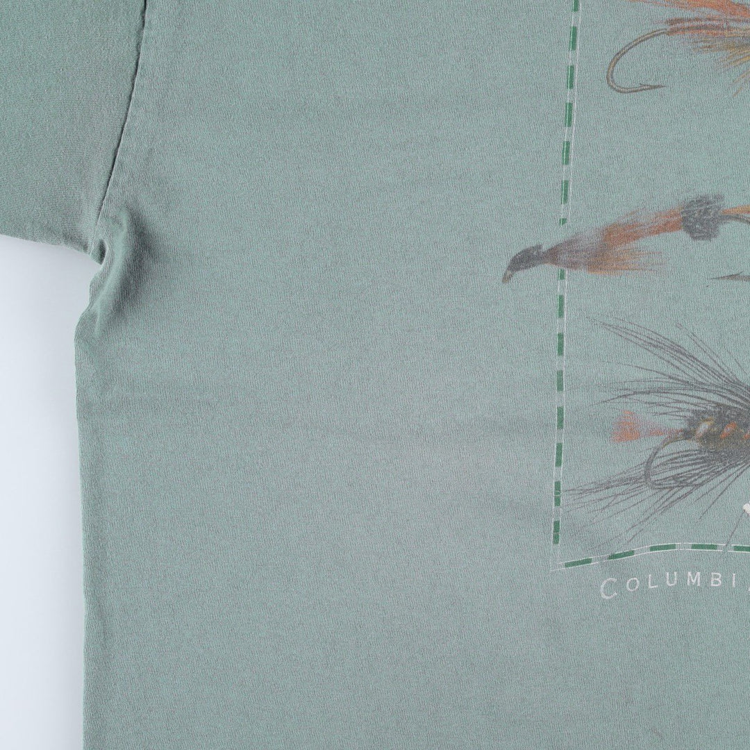 90'S Columbia Short-Sleeve Printed T-Shirt, Made in USA, Men's Size XL (Equivalent), Vintage cotton Khaki type sage green Vintage Second Hand