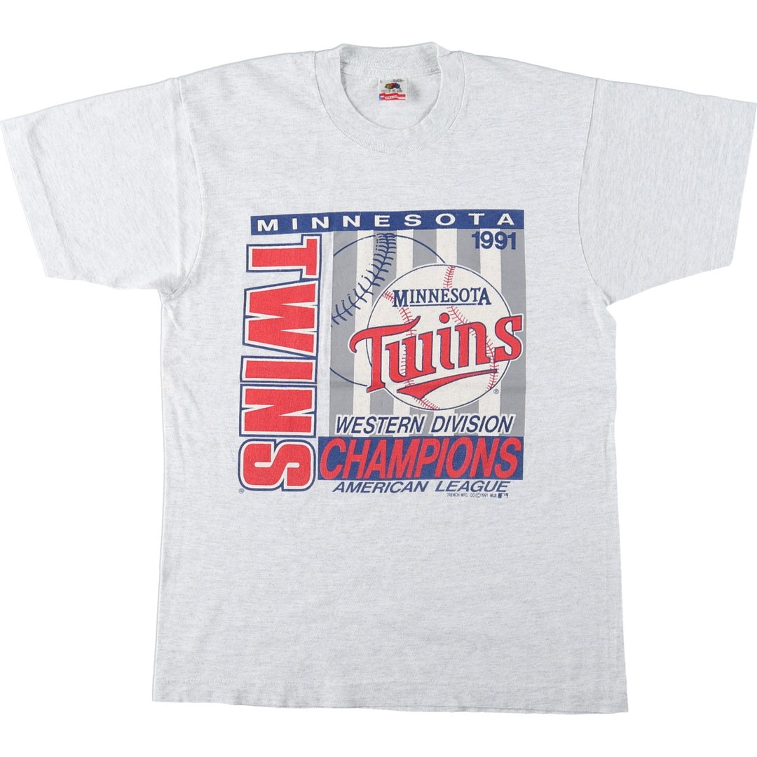 90'S Fruit of the Loom MLB Minnesota Twins Sports Print T-Shirt, Made in USA, Men's Size L (approx.), Vintage cotton gray type Vintage Second Hand